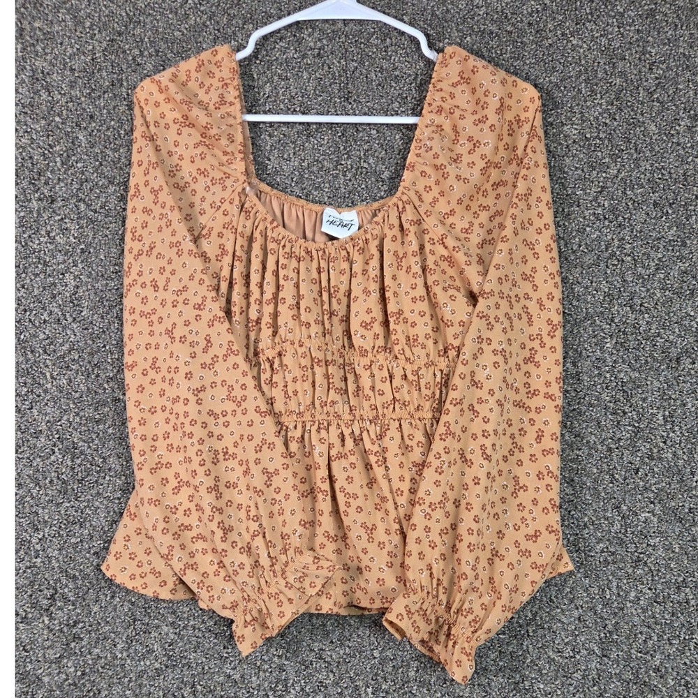 Planet Heart Peplum Blouse Womens Medium Tan Floral Square Neck Long Sleeve